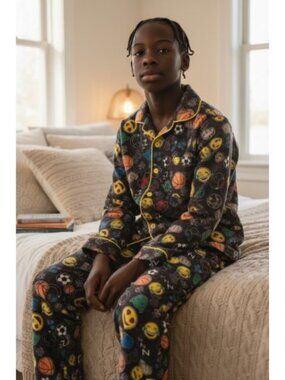 JOE BOXER Black Smiley Sports Video Game Flannel Pajamas Boys Size 8
